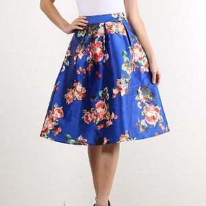 Royal Blue & Coral Floral A-Line Skirt - Women